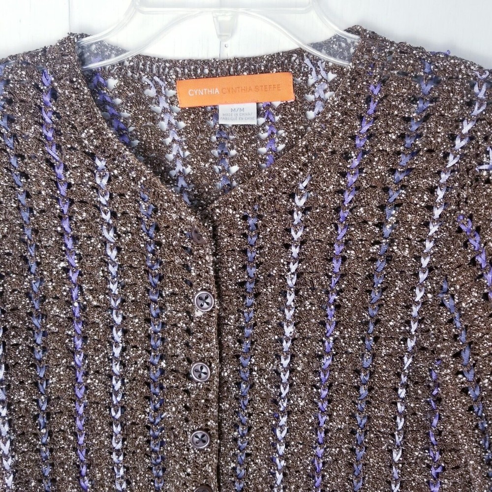 Cynthia Steffe Sweater Women Size Medium Knit Brown Cream Purple See Through - Picture 13 of 16
